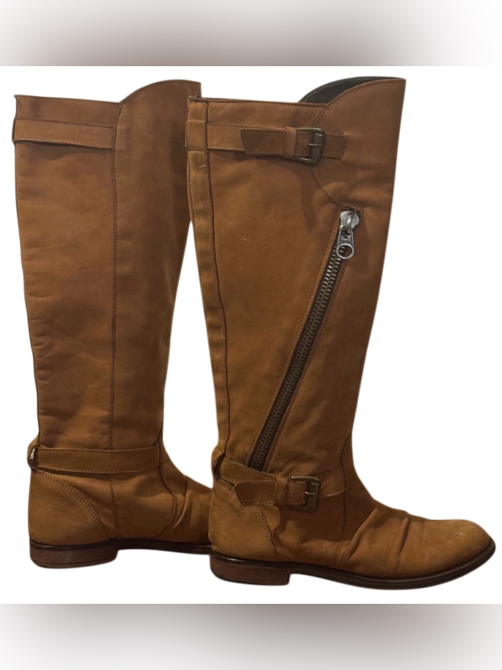 P. Lukas Leather Tall Moto Riding Boots Brown Buckle Zip Size 7M